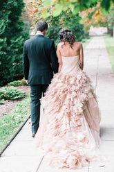 Blush Ball Gown Organza Ruffles Strapless Wedding Dresses, Bridal Gown